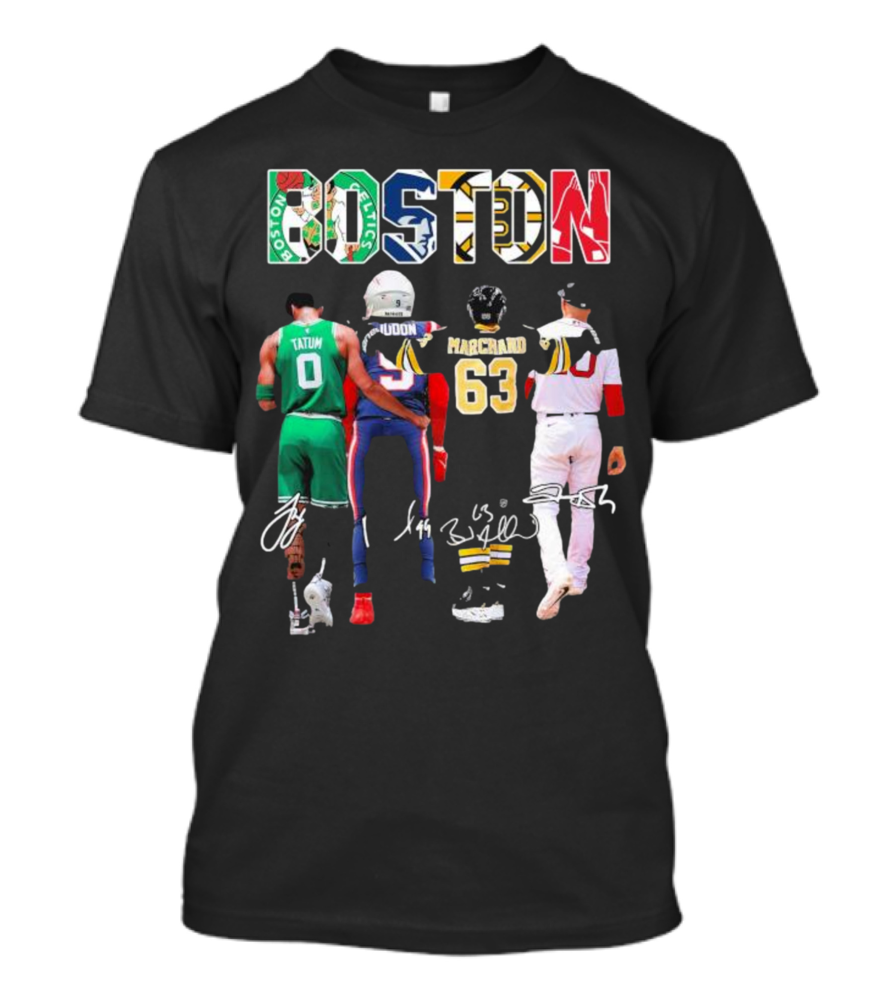 Boston Celtics Patriots Bruins Red Sox Tatum Iddon Marchand Signatures T-Shirt