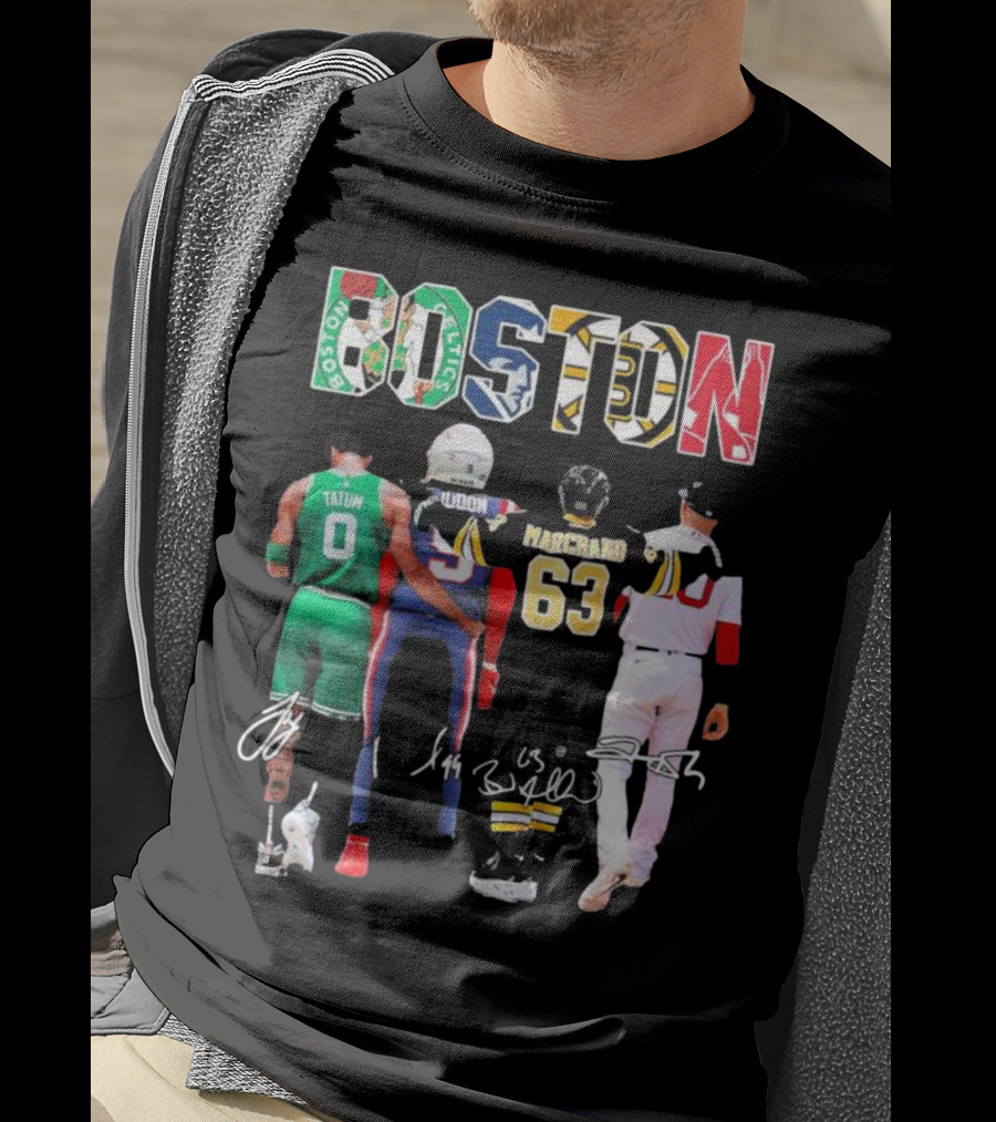 Boston Celtics Patriots Bruins Red Sox Tatum Iddon Marchand Signatures T-Shirt