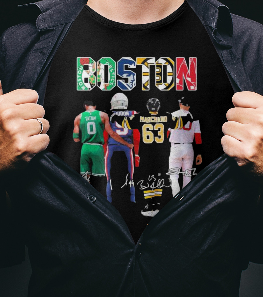 Boston Celtics Patriots Bruins Red Sox Tatum Iddon Marchand Signatures T-Shirt