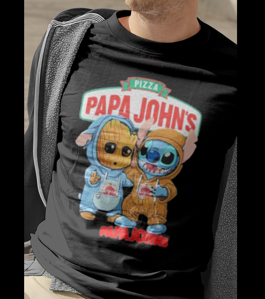 Papa John's Pizza With Groot And Stitch Characters T-Shirt