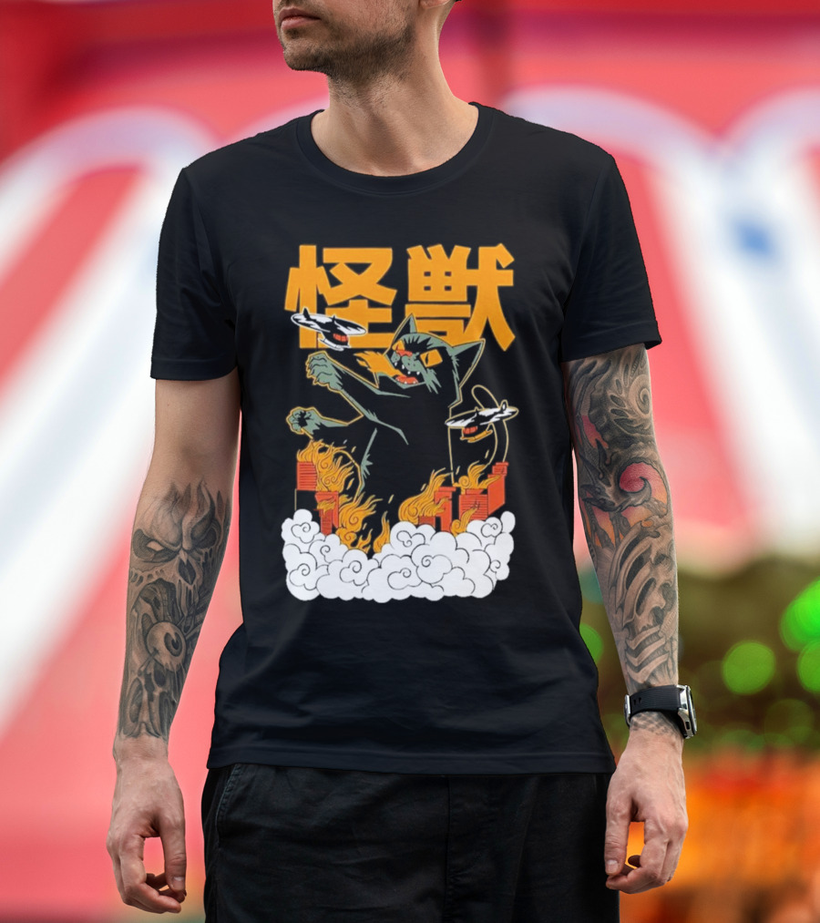 Kaiju No 8 Monster Cat Attack with Helicopters and Flames T-Shirt