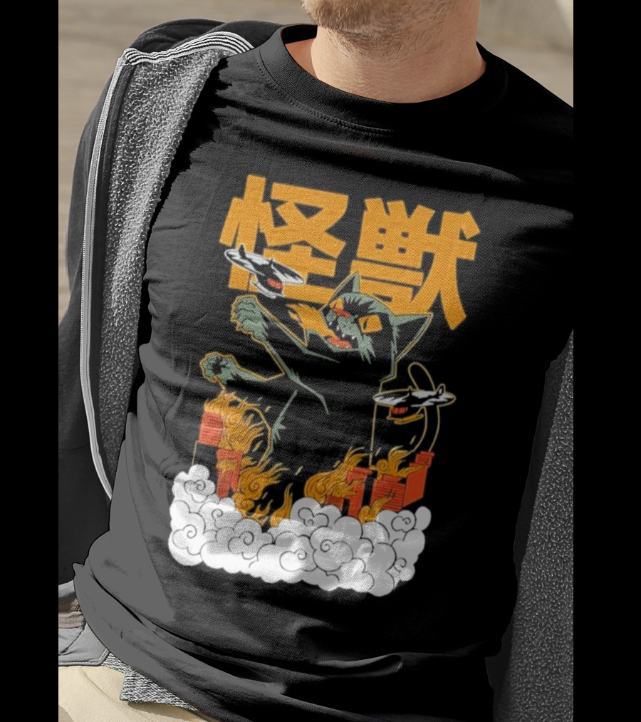 Kaiju No 8 Monster Cat Attack With Helicopters And Flames T-Shirt