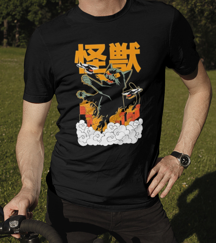 Kaiju No 8 Monster Cat Attack With Helicopters And Flames T-Shirt