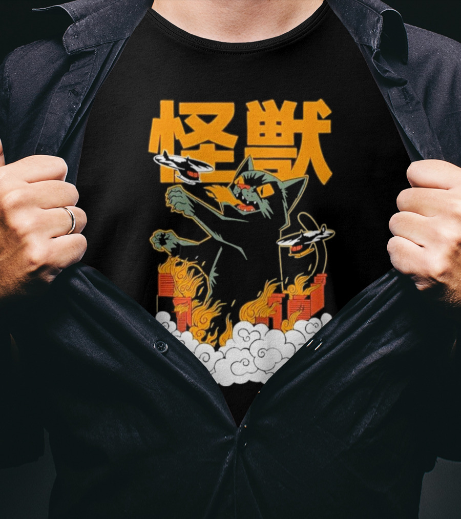 Kaiju No 8 Monster Cat Attack With Helicopters And Flames T-Shirt