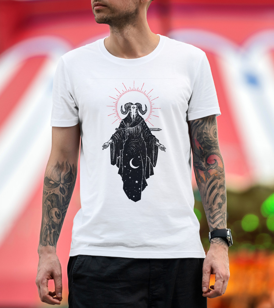 Micah Ulrich The Queen of Swords Tarot Horned Figure Red Halo Crescent Moon Stars T-Shirt