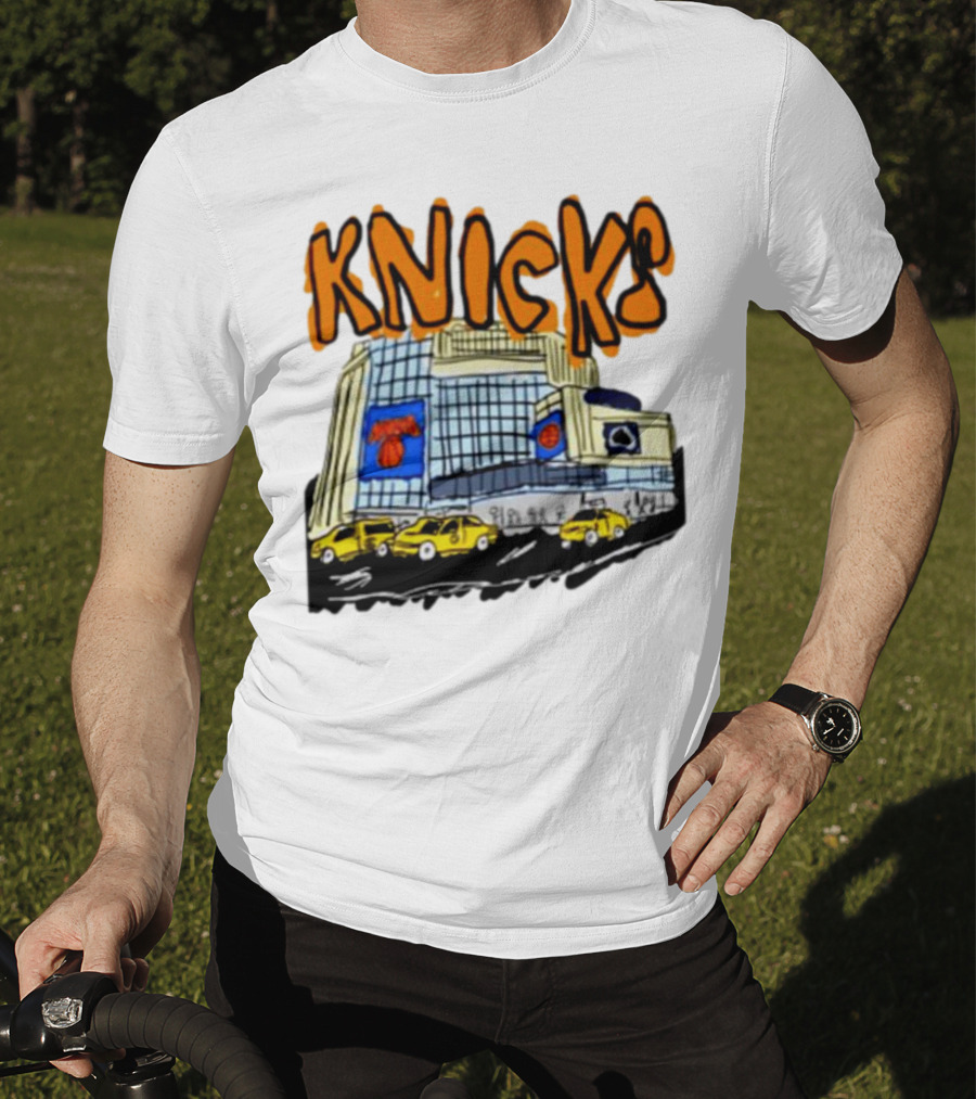 Knicks New York City Taxi Sketch With Arena Background T-Shirt