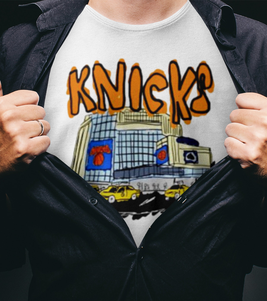 Knicks New York City Taxi Sketch With Arena Background T-Shirt