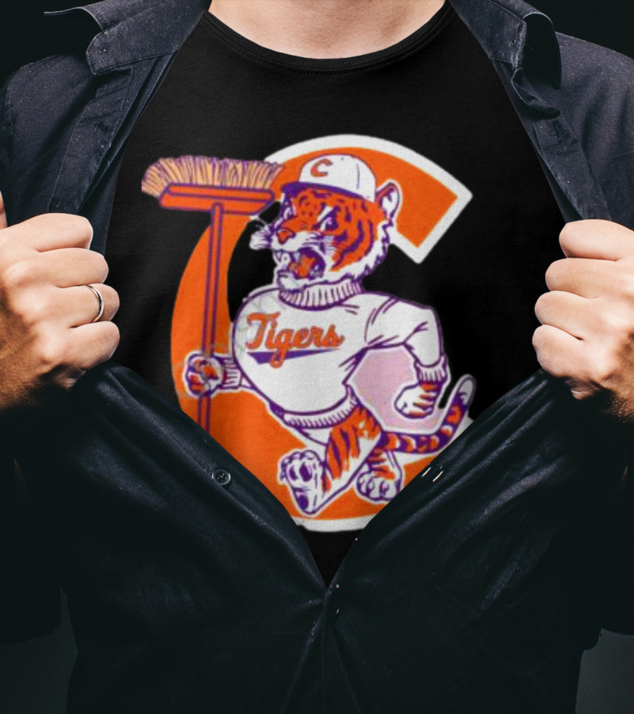 Clemson Tigers Vintage Logo With Broom And Letter C T-Shirt