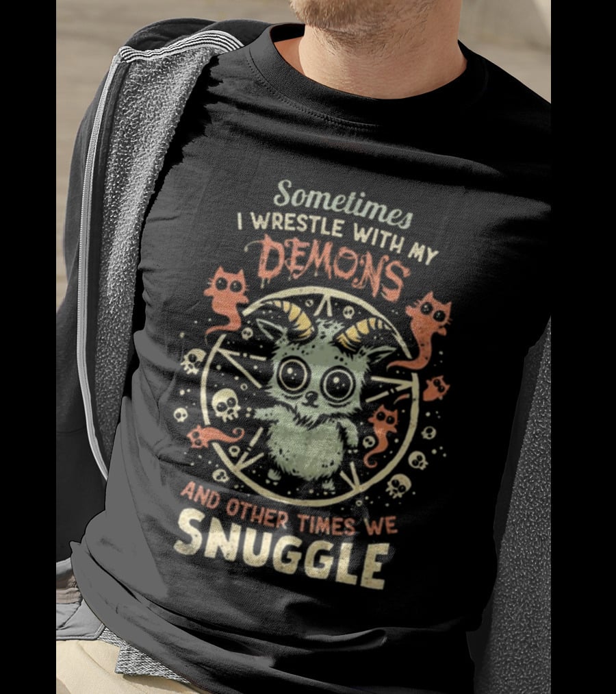 Sometimes I Wrestle With My Demons And Other Times We Snuggle Cute Goat With Pentagram And Cats T-Shirt