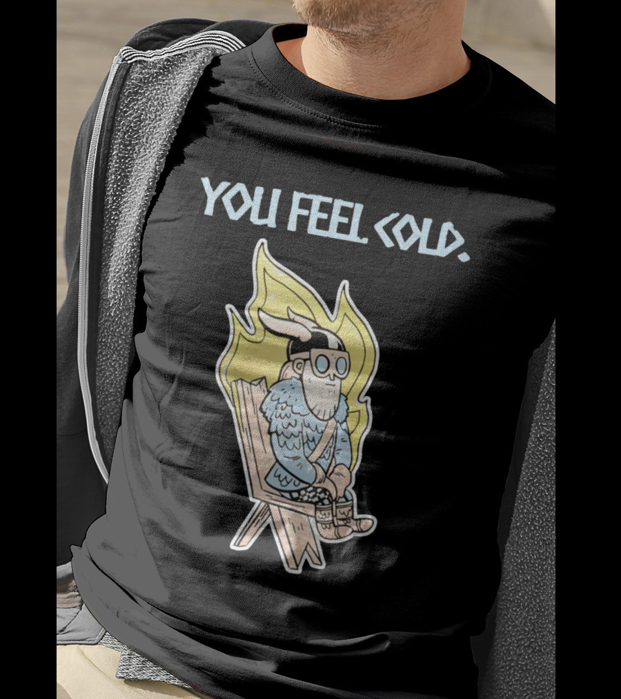 Valheim Merch Store You Feel Cold Viking Character Sitting With Flame Background T-Shirt