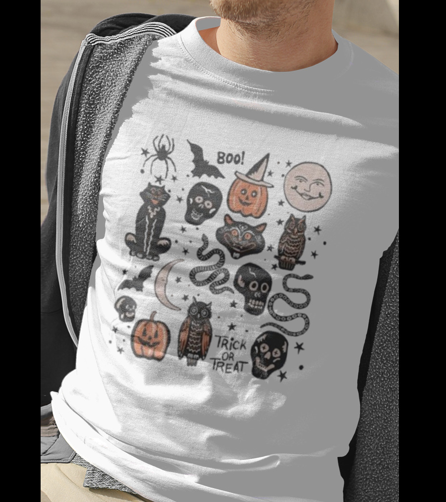 Halloween Season Boo Trick Or Treat Pumpkin Skull Spooky Vibes Moon Cat Owl Snake T-Shirt