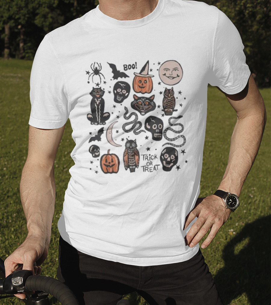 Halloween Season Boo Trick Or Treat Pumpkin Skull Spooky Vibes Moon Cat Owl Snake T-Shirt
