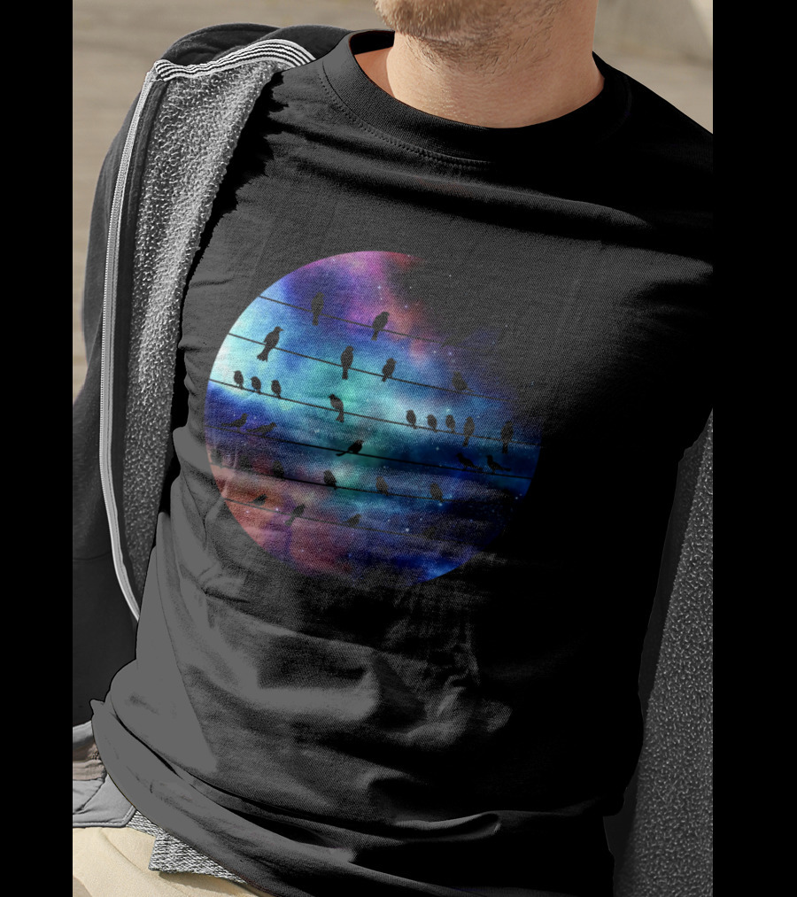 Birds On A Wire Cosmic Galaxy Silhouette In Space T-Shirt