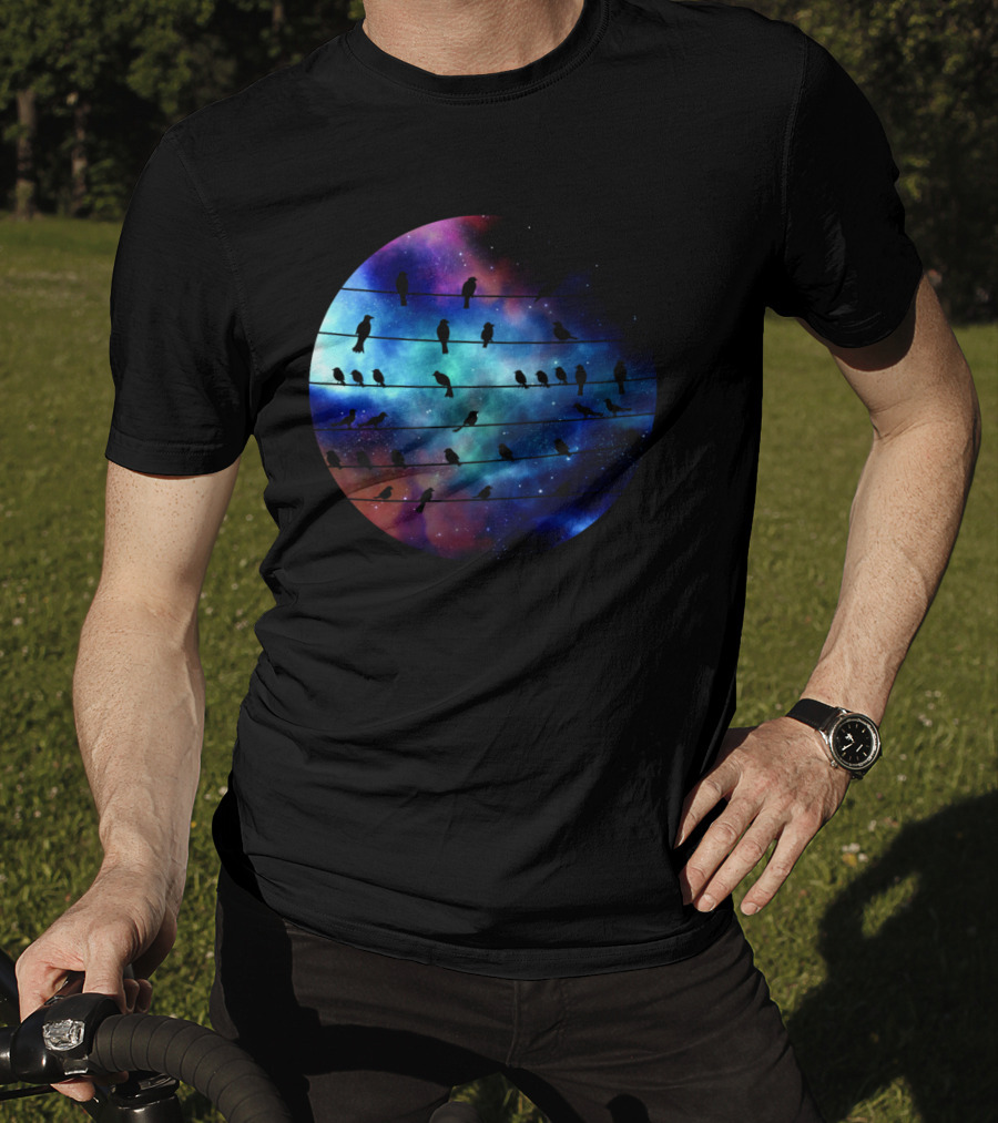 Birds On A Wire Cosmic Galaxy Silhouette In Space T-Shirt