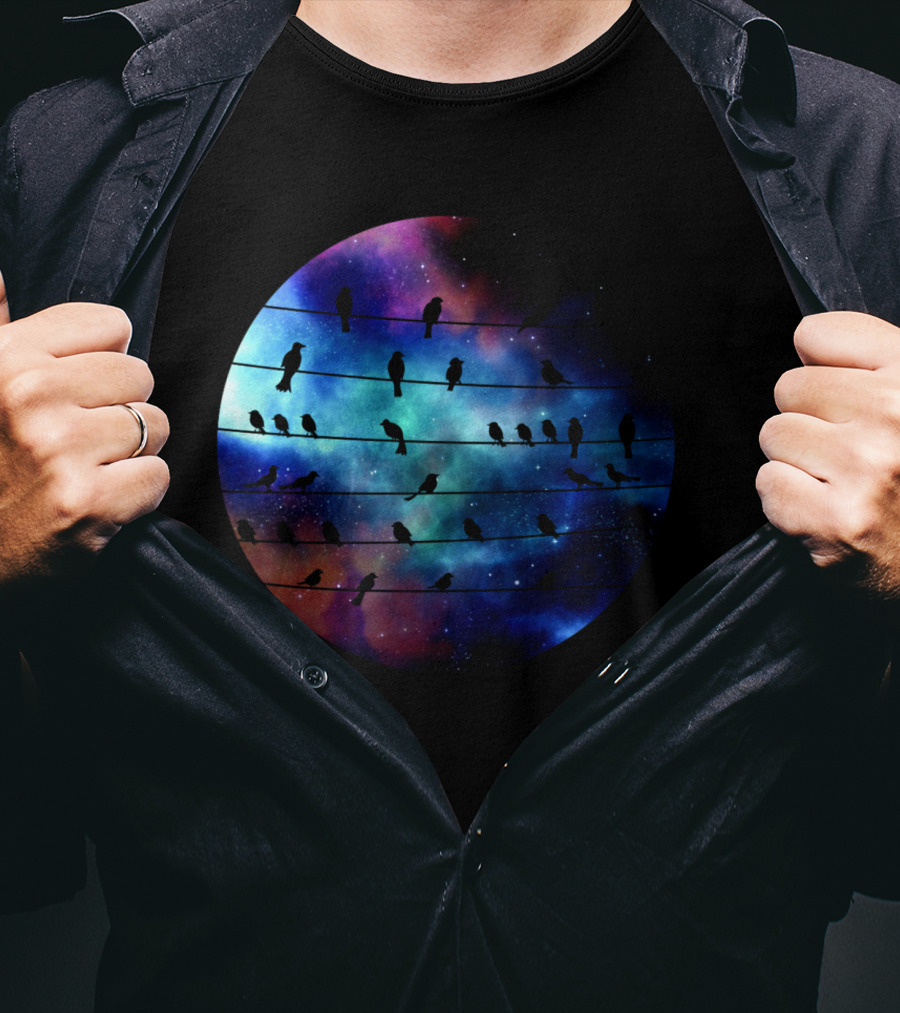 Birds On A Wire Cosmic Galaxy Silhouette In Space T-Shirt