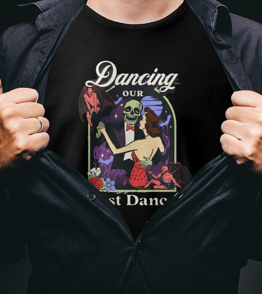 Dancing Our Last Dance Halloween Skeleton Couple With Demons And Flowers T-Shirt