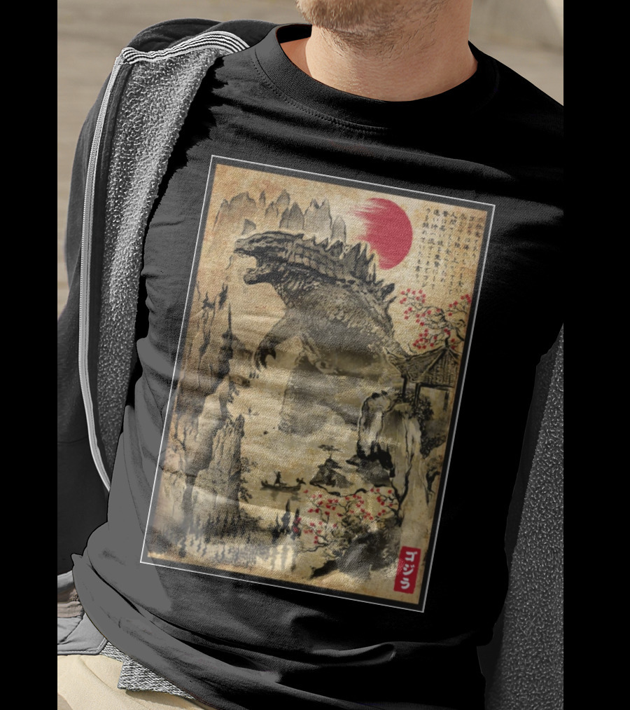 Gojira Japanese Woodblock Ukiyo-e Style With Red Sun And Cherry Blossoms T-Shirt