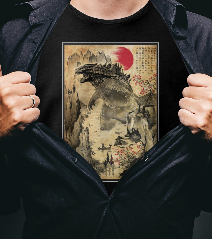 Gojira Japanese Woodblock Ukiyo-e Style With Red Sun And Cherry Blossoms T-Shirt
