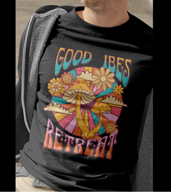 Good Vibes Retreat Mushroom Flowers Retro Psychedelic T-Shirt