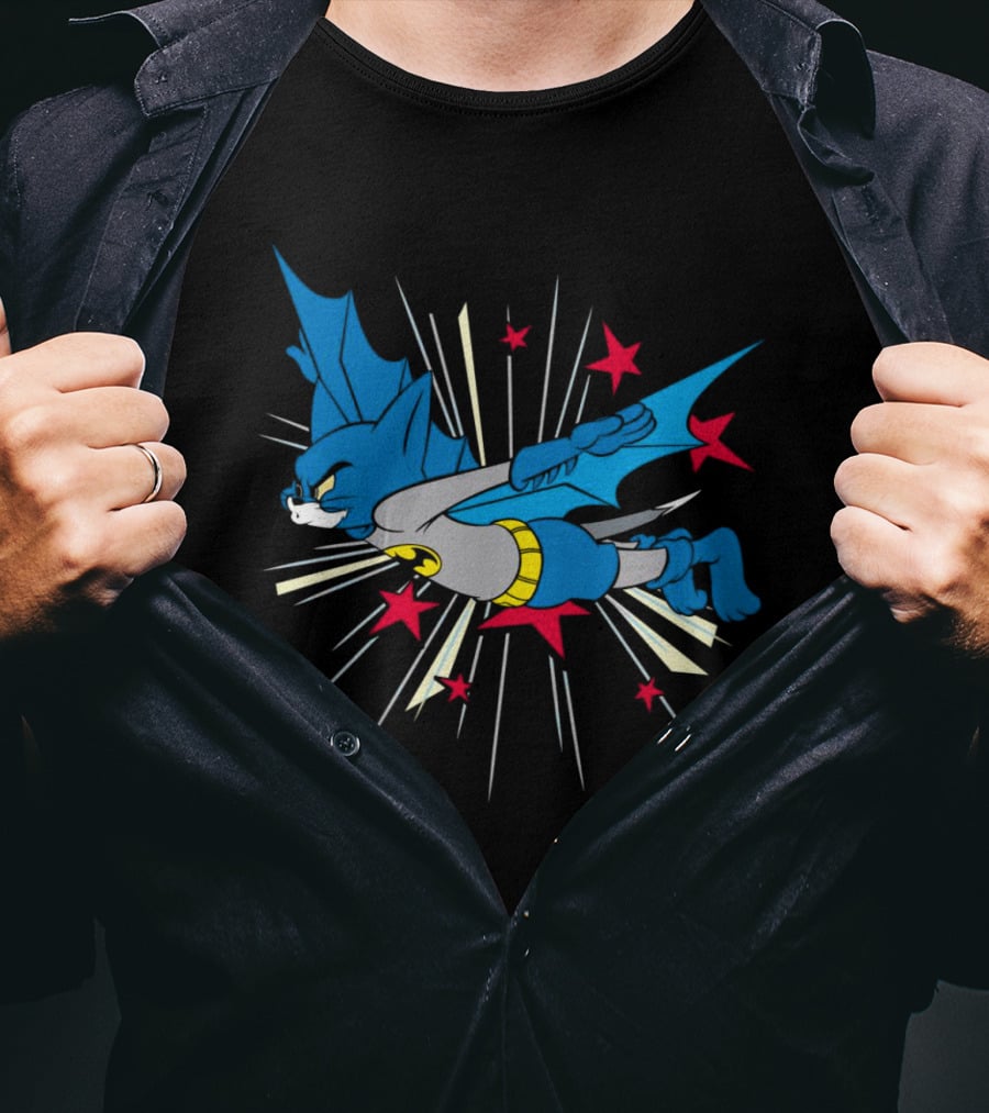 Herre Premium Bat-Cat Superhero Flying Action T-Shirt