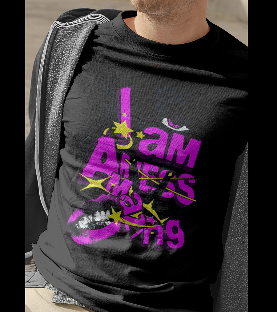 I Am Amazing Bold Eye And Lips Starburst Pink And Yellow T-Shirt