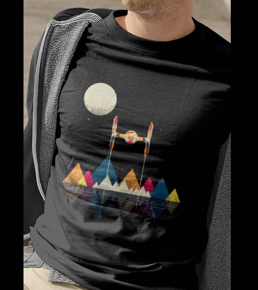 Imperial Fighter Tie Spaceship Over Geometric Mountains And Moon T-Shirt