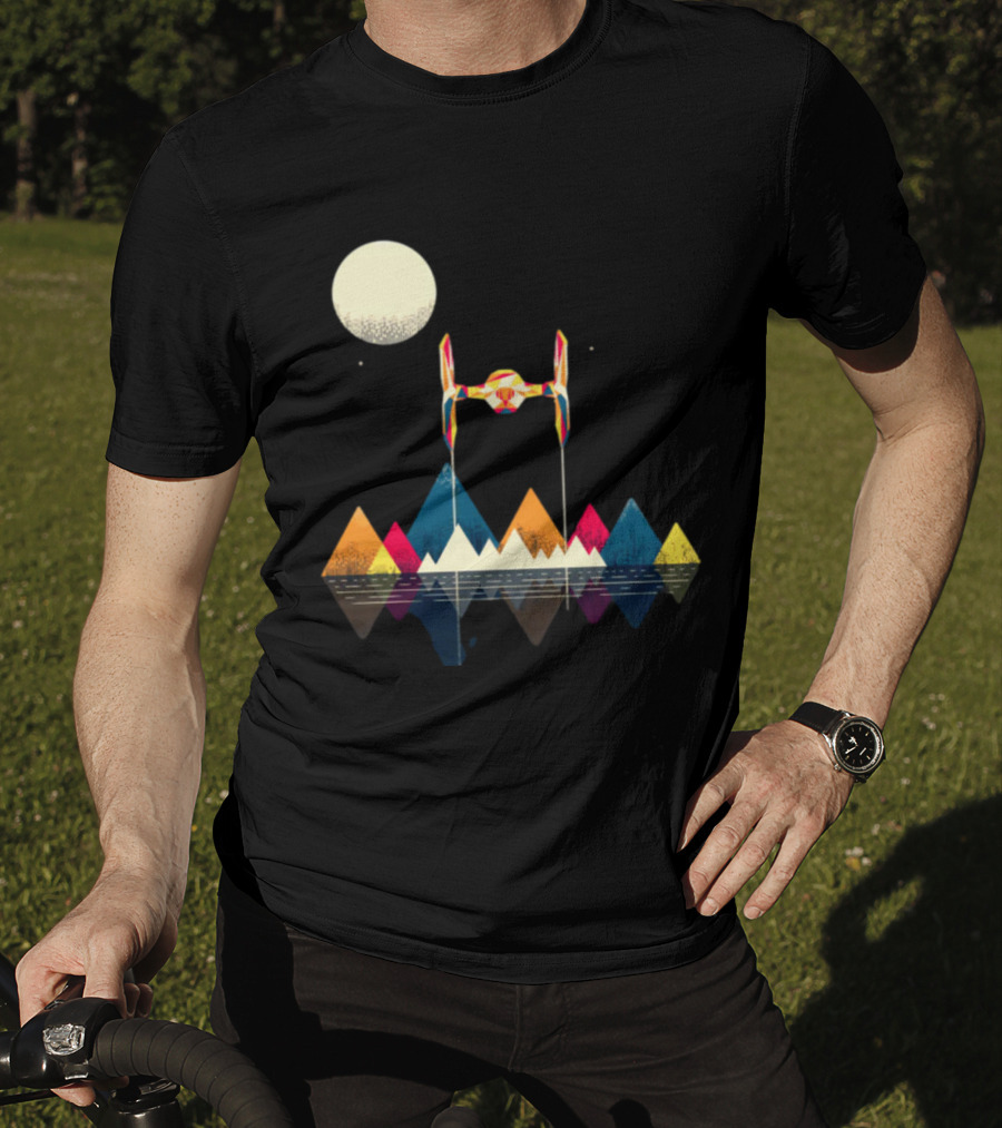 Imperial Fighter Tie Spaceship Over Geometric Mountains And Moon T-Shirt