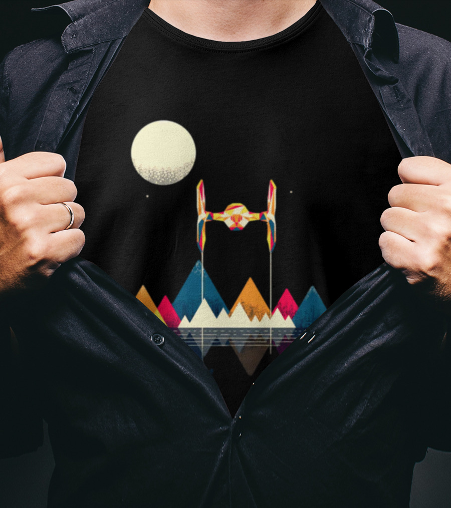 Imperial Fighter Tie Spaceship Over Geometric Mountains And Moon T-Shirt