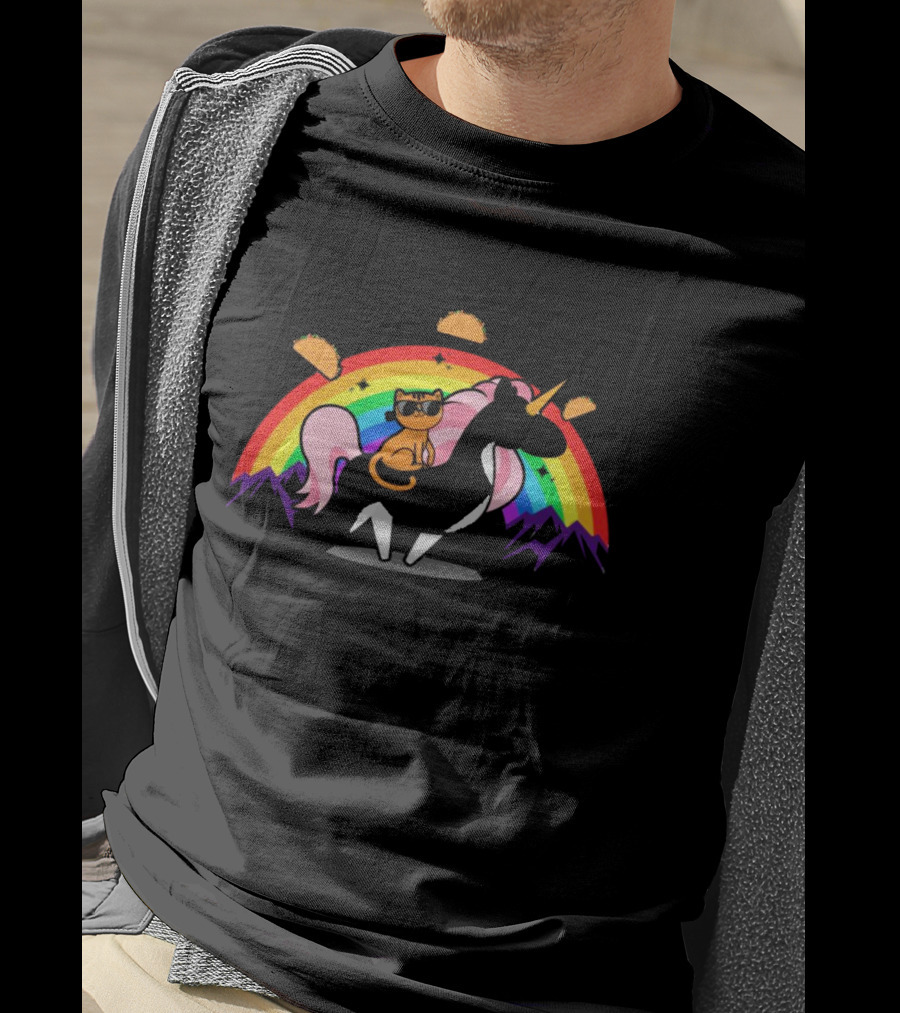 Cat Riding Unicorn With Rainbow And Tacos Magical Adventure T-Shirt