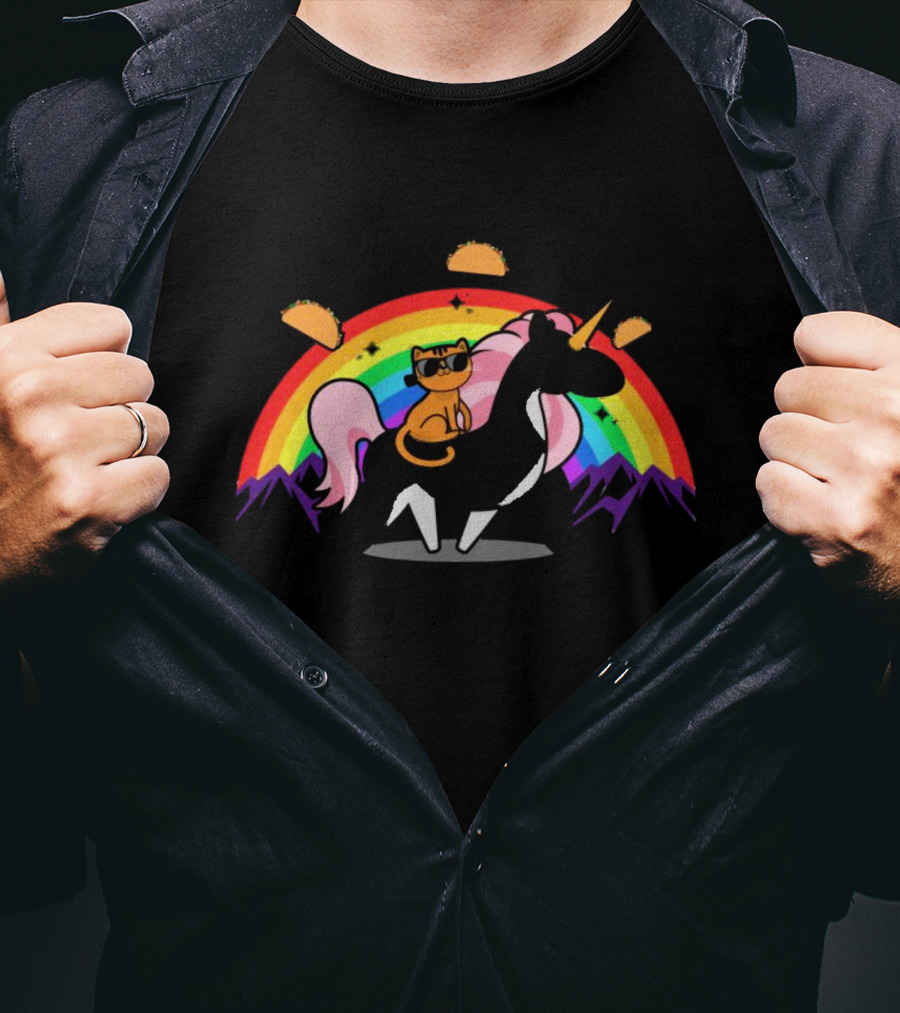 Cat Riding Unicorn With Rainbow And Tacos Magical Adventure T-Shirt
