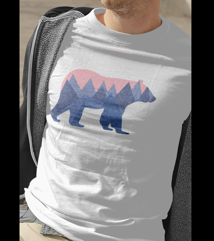 Mountain Bear Silhouette With Geometric Peaks In Blue And Pink T-Shirt