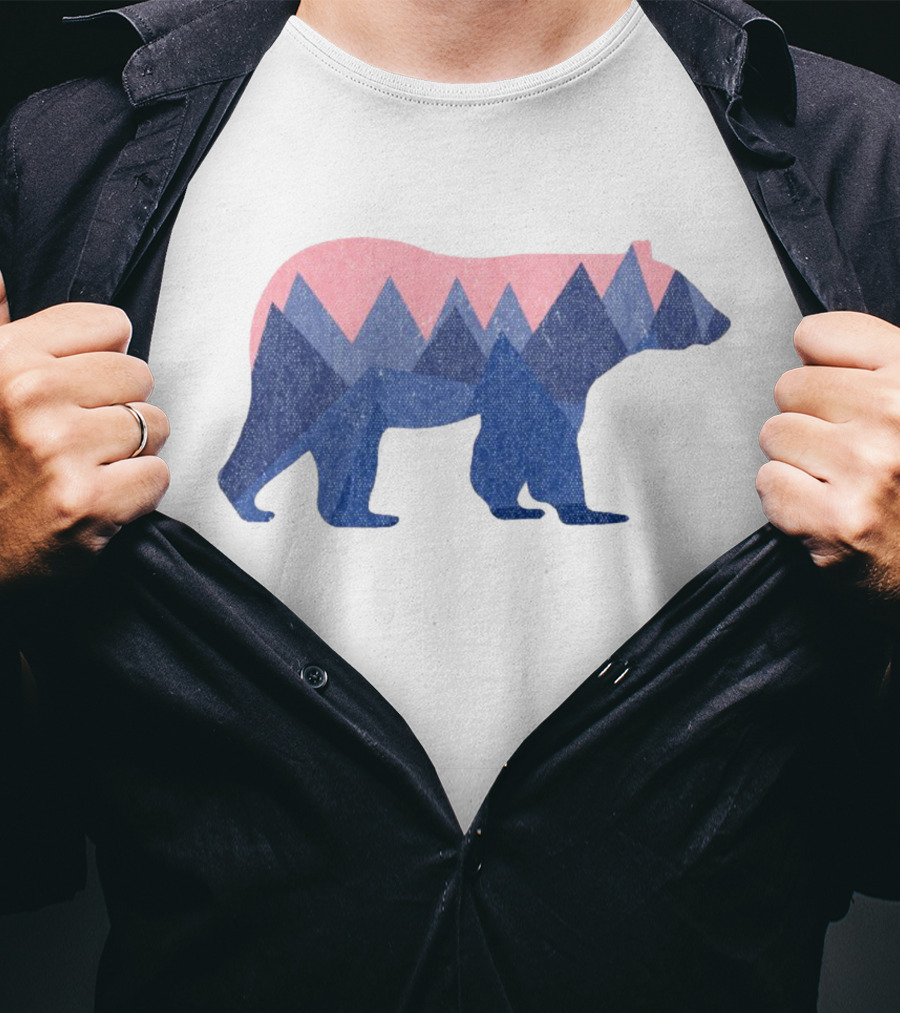 Mountain Bear Silhouette With Geometric Peaks In Blue And Pink T-Shirt