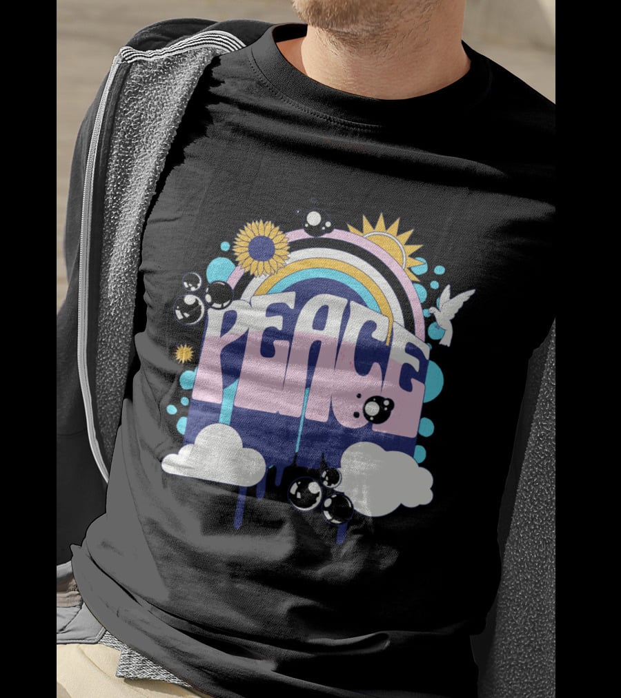 Peace Colorful Rainbow Sunflower Clouds Dove And Good Vibes T-Shirt