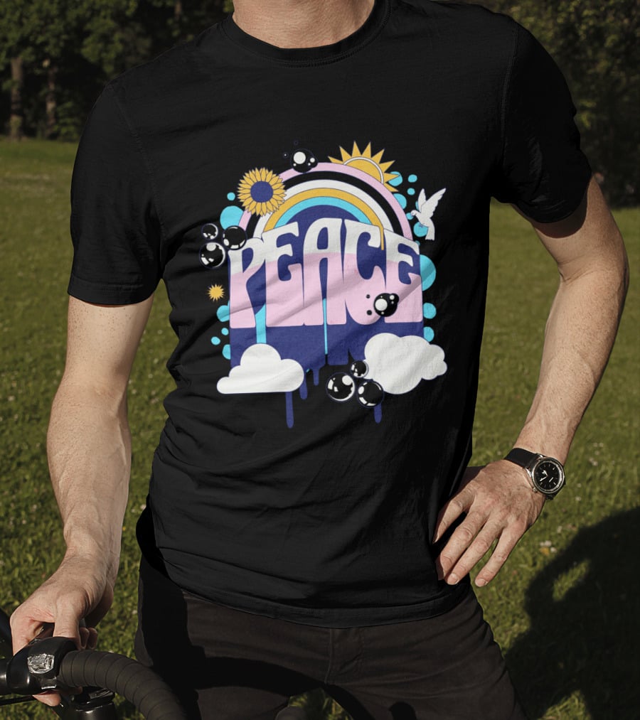 Peace Colorful Rainbow Sunflower Clouds Dove And Good Vibes T-Shirt