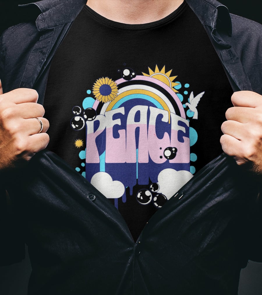 Peace Colorful Rainbow Sunflower Clouds Dove And Good Vibes T-Shirt