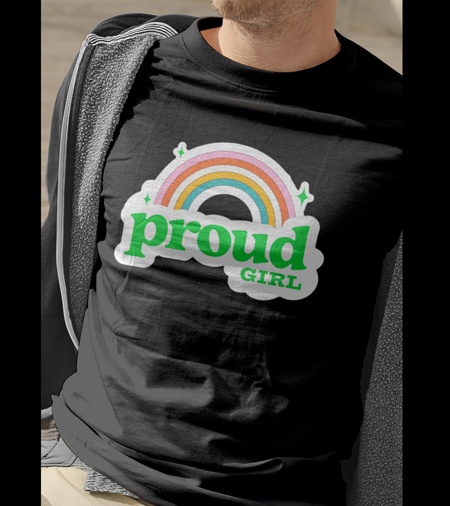 Proud Girl Green Text Rainbow With Sparkles T-Shirt