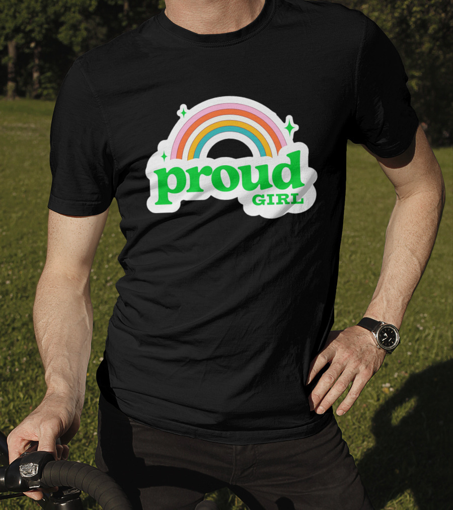 Proud Girl Green Text Rainbow With Sparkles T-Shirt