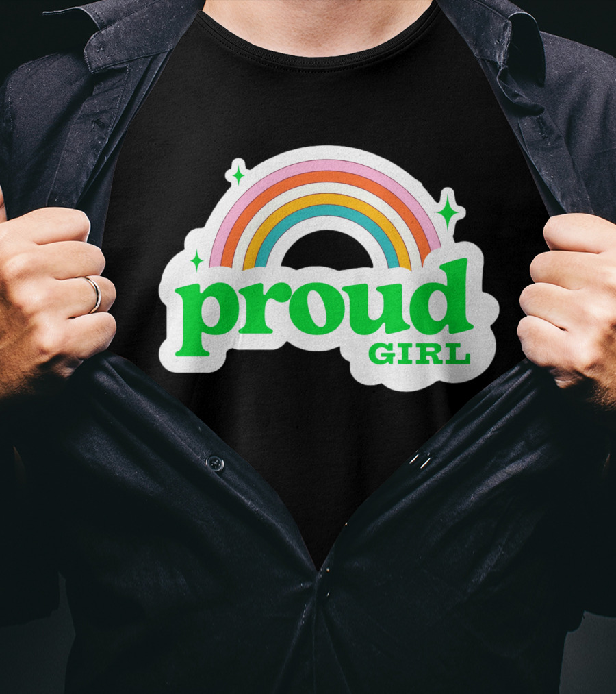 Proud Girl Green Text Rainbow With Sparkles T-Shirt