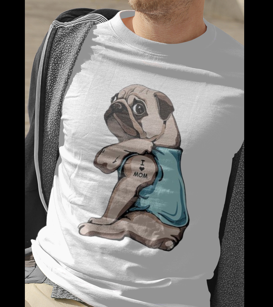 Pug I Love Mom Tattoo Blue T-Shirt