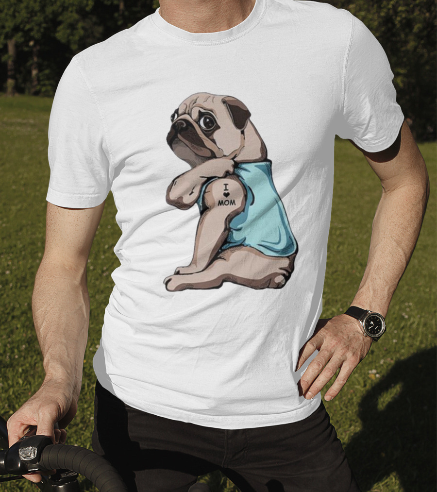 Pug I Love Mom Tattoo Blue T-Shirt