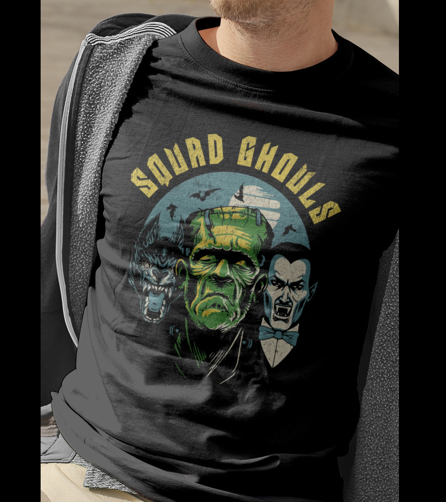 Squad Ghouls Frankenstein Dracula Werewolf Halloween Characters T-Shirt