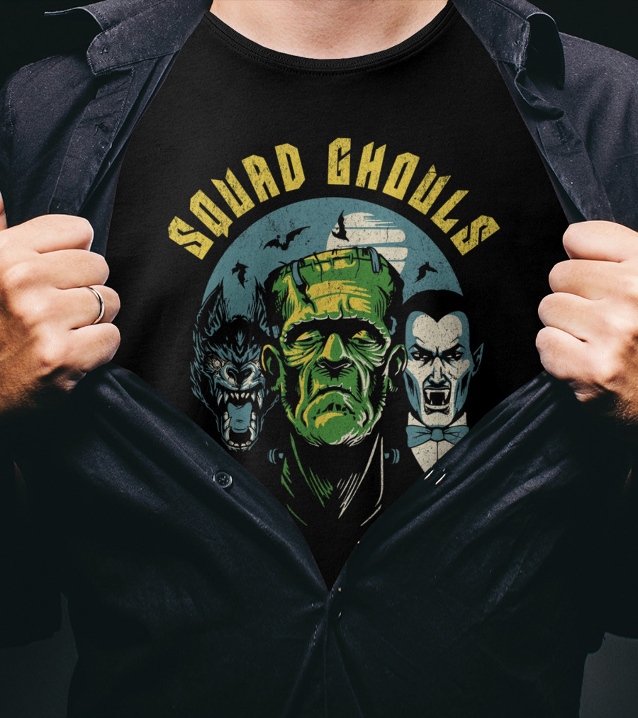 Squad Ghouls Frankenstein Dracula Werewolf Halloween Characters T-Shirt