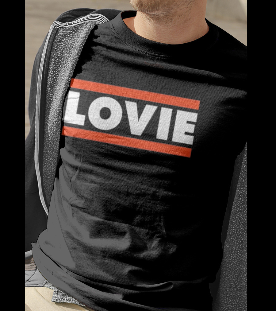 LOVIE Bold Block Letters With Red Stripes T-Shirt