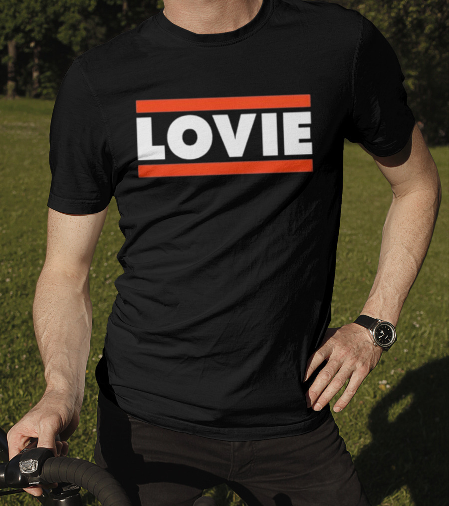 LOVIE Bold Block Letters With Red Stripes T-Shirt