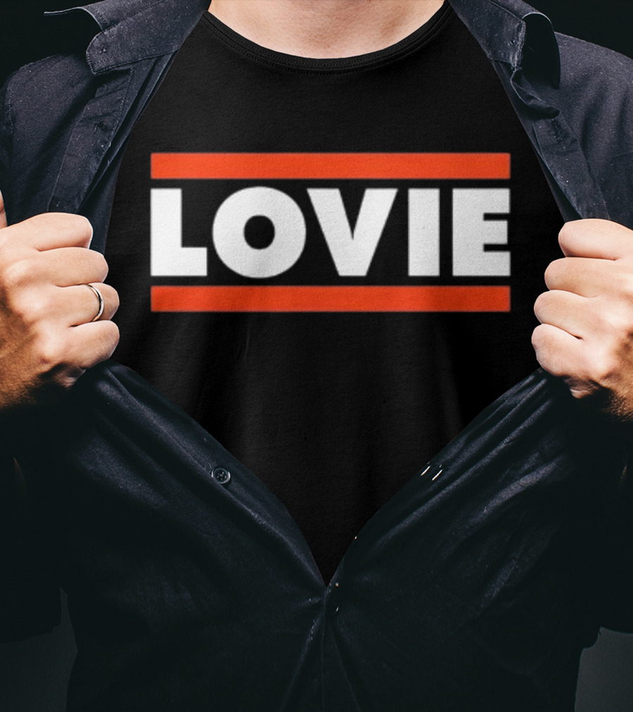 LOVIE Bold Block Letters With Red Stripes T-Shirt