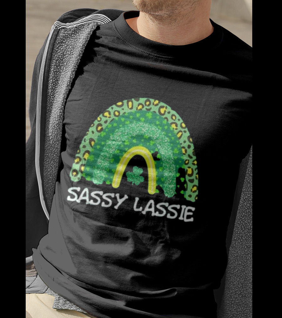 St Patricks Day Women Funny Sassy Lassie Leopard Rainbow Shamrock T-Shirt