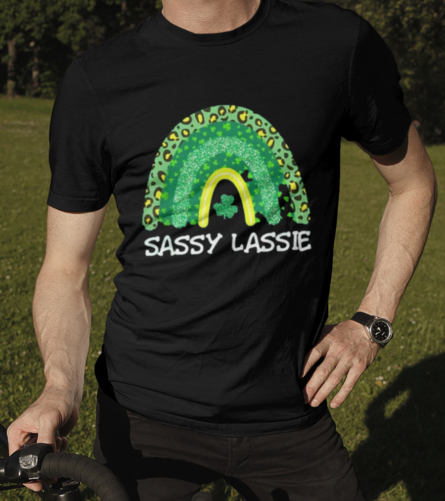 St Patricks Day Women Funny Sassy Lassie Leopard Rainbow Shamrock T-Shirt