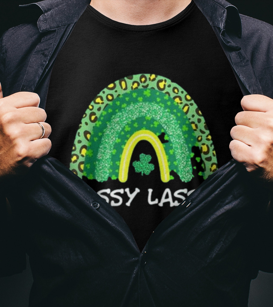 St Patricks Day Women Funny Sassy Lassie Leopard Rainbow Shamrock T-Shirt