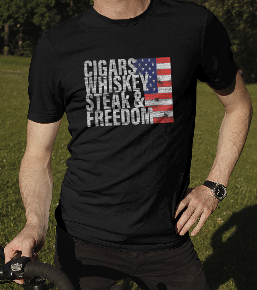 Cigars Whiskey Steak And Freedom American Flag Patriotic T-Shirt