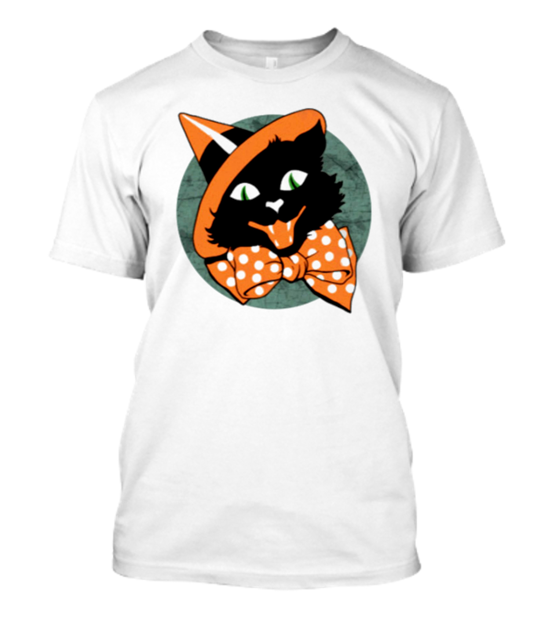 Halloween Black Cat Vintage Witch Hat Polka Dot Bow Tie T-Shirt